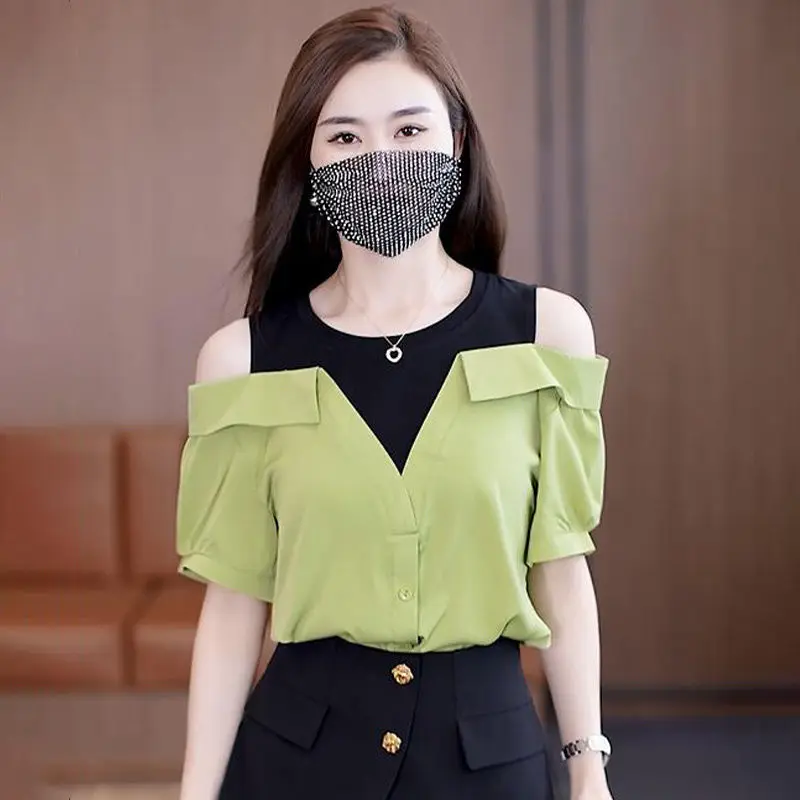 Red Blouse Women Short Sleeve Off Shoulder Shirt Korean Style New Design 2024 Fashion Casual Tops