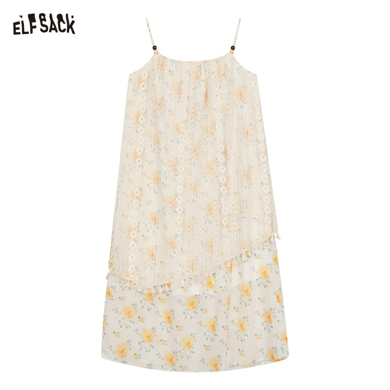 ELFSACK 2024 Summer New Arrivals Lace floral camisole dress with irregular temperament for women, vacation style dress