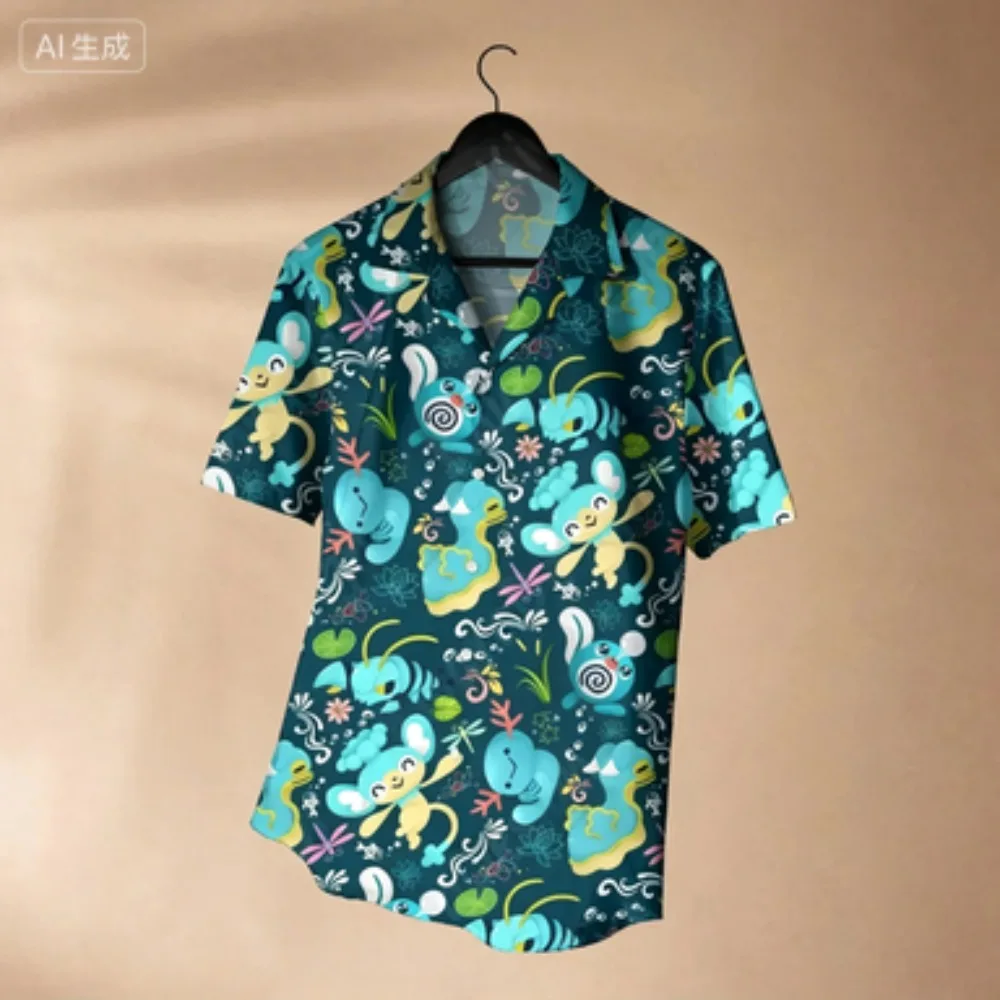 Summer Pond Wind Dragonfly Lotus Water System Elf Cartoon Print Japanese Loose Beach Couple Casual Shirt view 3