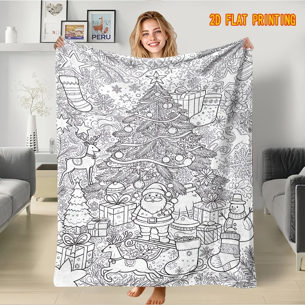 1pc Hand‑Drawn Panoramic Christmas‑Print Throw Blanket, Sofa Decor, Skin‑Friendly DIY Coloring Holiday Home Gift