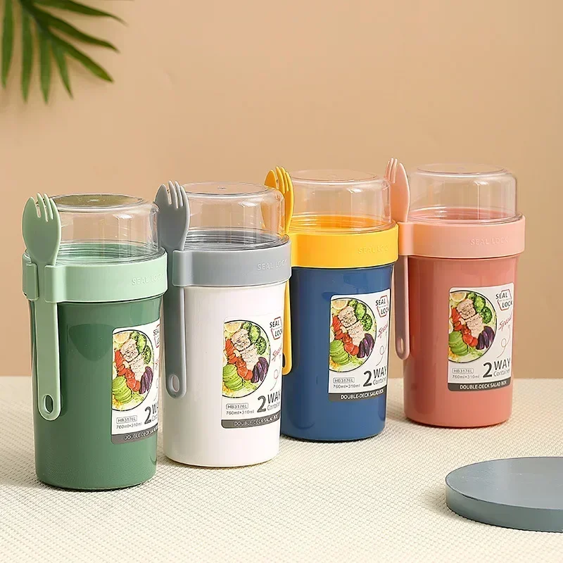 أكواب السلطة المحمولة حاوية بلاستيكية مع غطاء وشوكة بين عشية وضحاها كوب الإفطار دقيق الشوفان الحبوب الجوز كوب زبادي صندوق غداء المدرسة