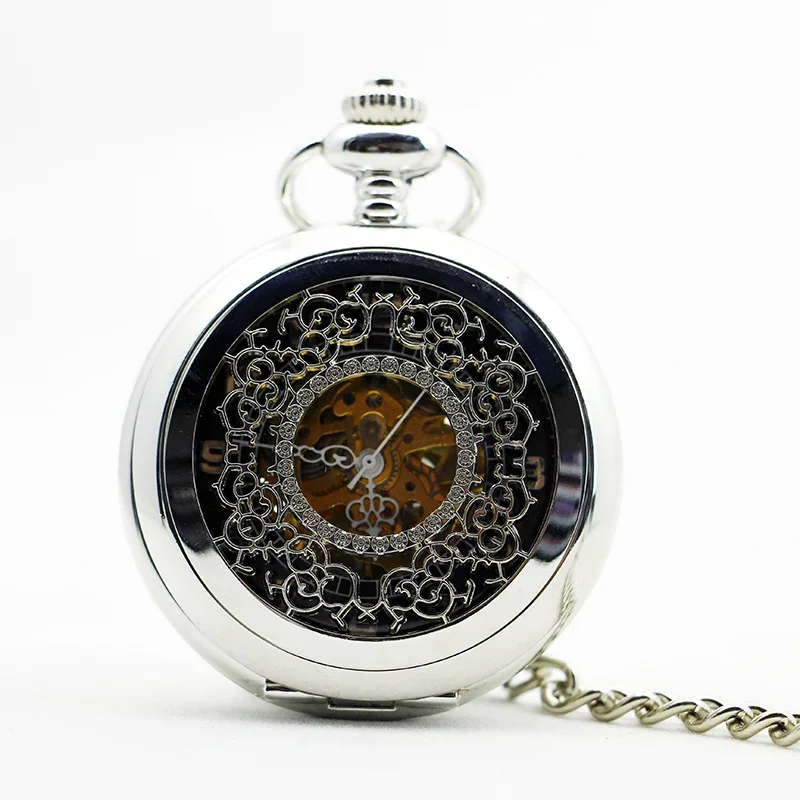 Vintage Mechanical Pocket Watch Skeleton Hollow Engraving Hand Wind Fob Watch Chain Gift Clock