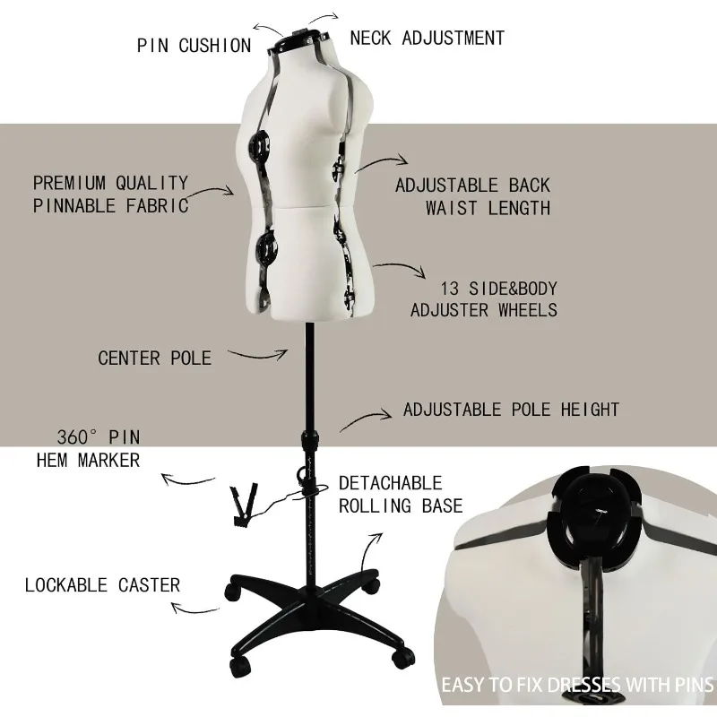 Beige Adjustable Dress Form Mannequin for Sewing Female Size 6-14, Pinnable Model Body with 13 Dials, Detachable Casters