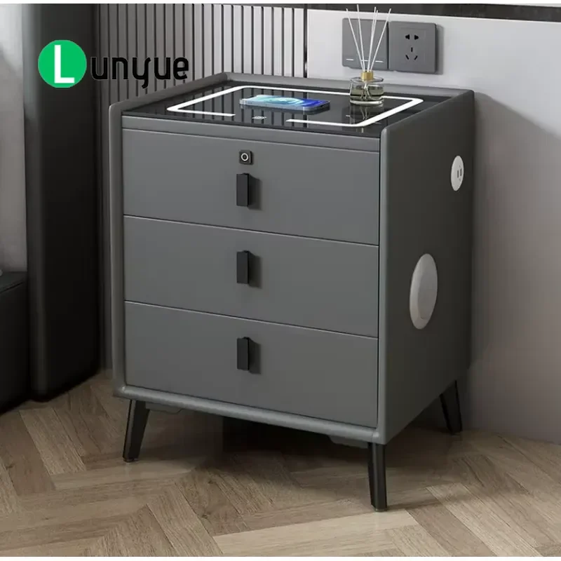 Smart Bedside Table with LED Color Light Wireless Charging Fingerprint Lock USB Modern Multifunctional Locker for Bedroom