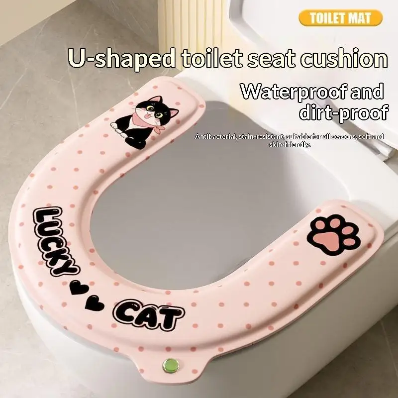 Waterproof U Shaped Toilet Seat Mat Cute Lucky Cat Print Soft Skin Friendly Warm for Bathroom Cold Season Use