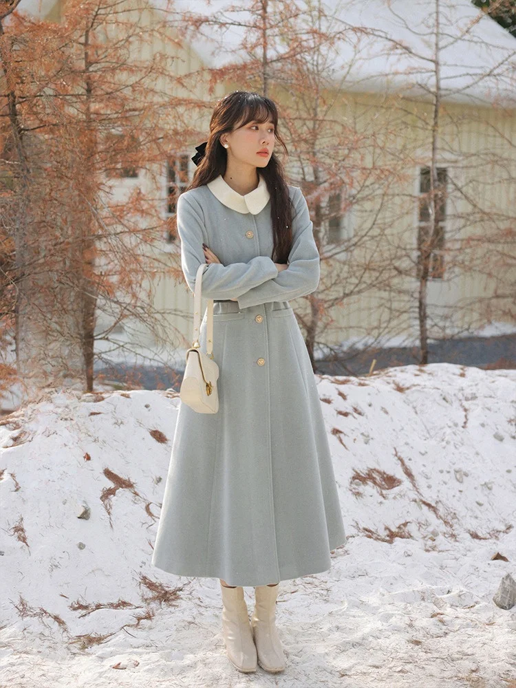 

Retro Waist-Cinching Woolen Coat Women's Winter Elegance Small Size Slimming Dr Sweet Sle Polyester Viscose Acrylic Fiber