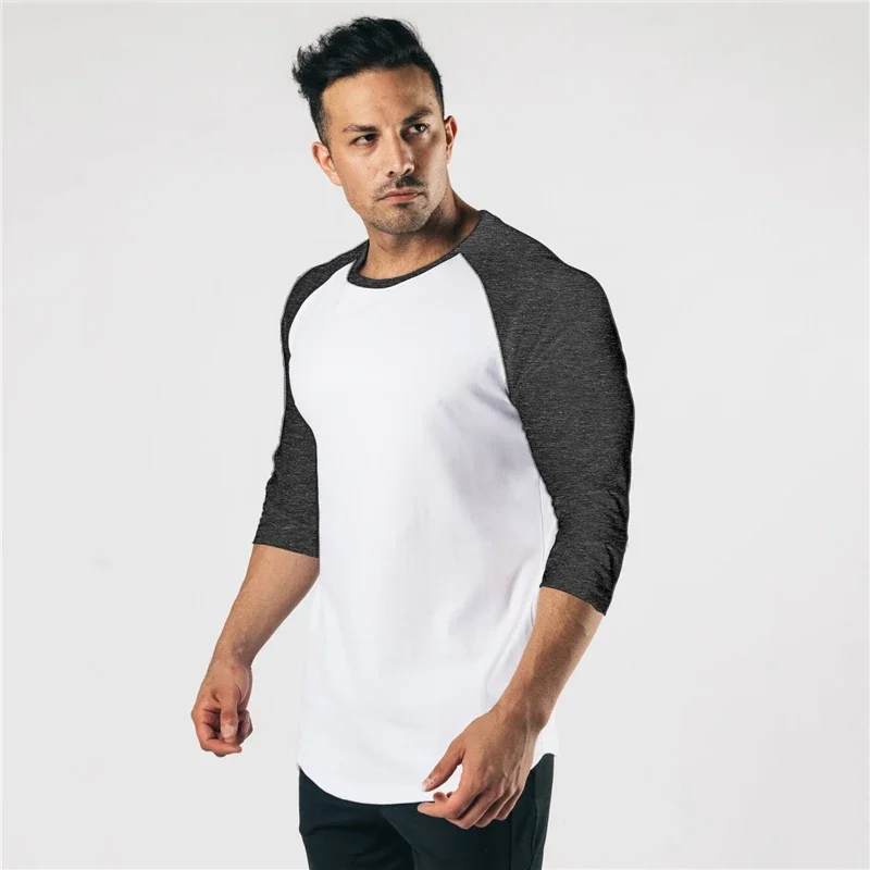 Muscleguys Autumn Fashion Three Quarter Sleeve Fitness T-shirt Men Solid Patchwork O-neck Gym T shirts Male Slim Fit Tee Shirts