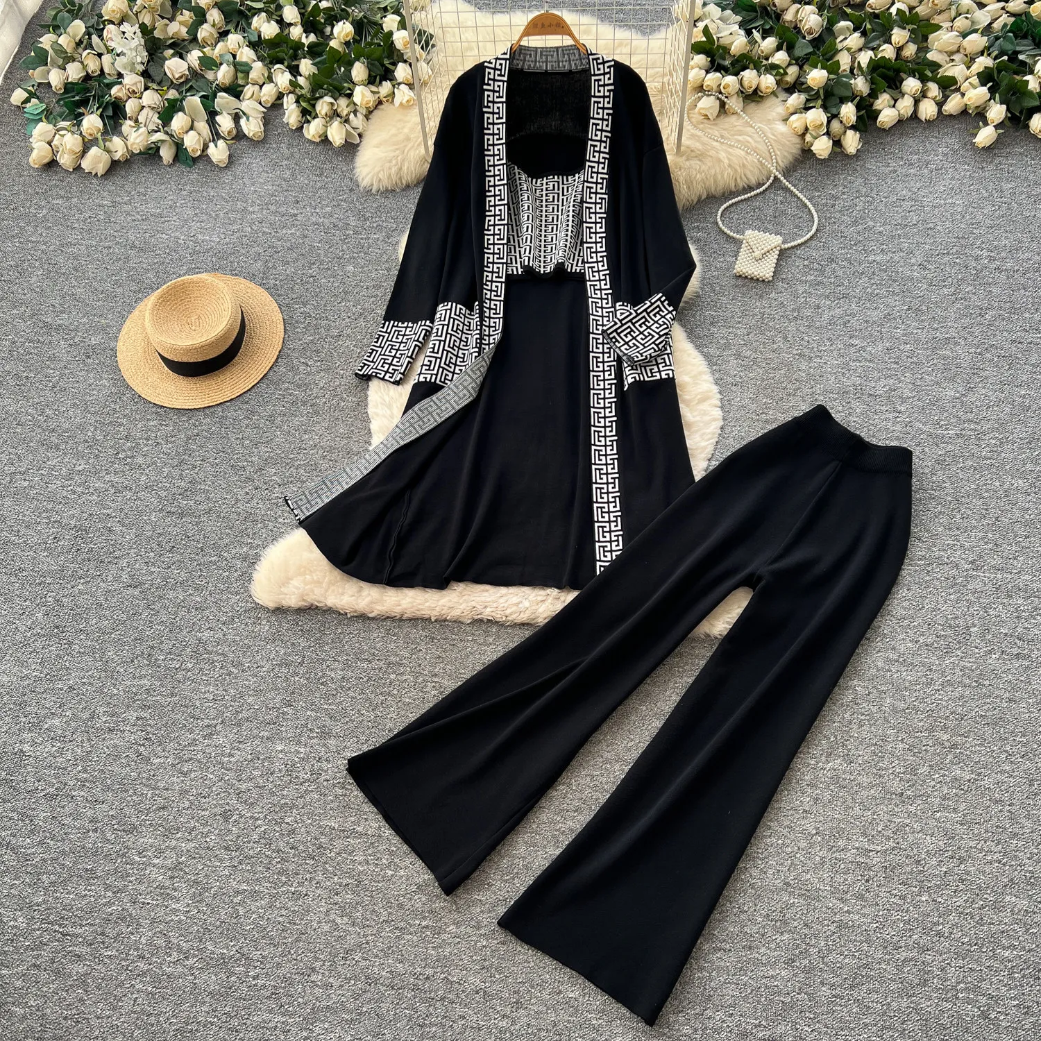 Pant Set Women 3 Piece Sets Strapless Sling Tops Mid Length Coats Wide Leg Long Pants Elastic Waist Y2k Streetwear Elegant 2026