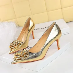 BIGTREE Shoes Women 7Cm 10Cm Heels Sharp Pointed Rose Flowers Women Pumps Luxury Banquet Shoes Stilettos Lady Wedding Shoes