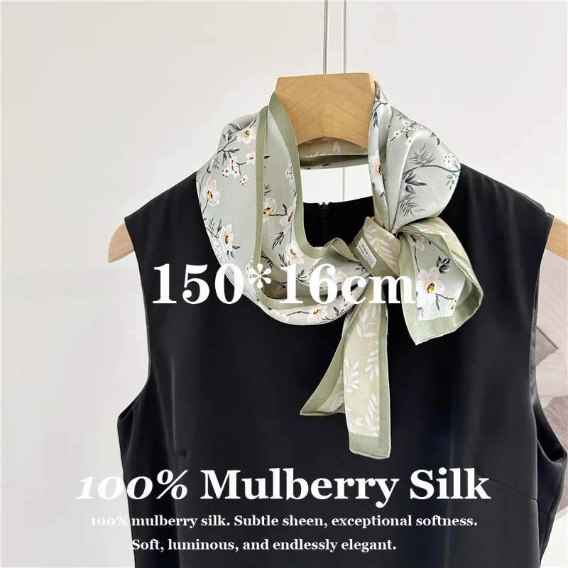 

High-End 100% Pure Silk Ribbon Luxury Neckerchief 150x16cm for Neck Hair Wear Office Lady Business High Quality Hairband Hijab