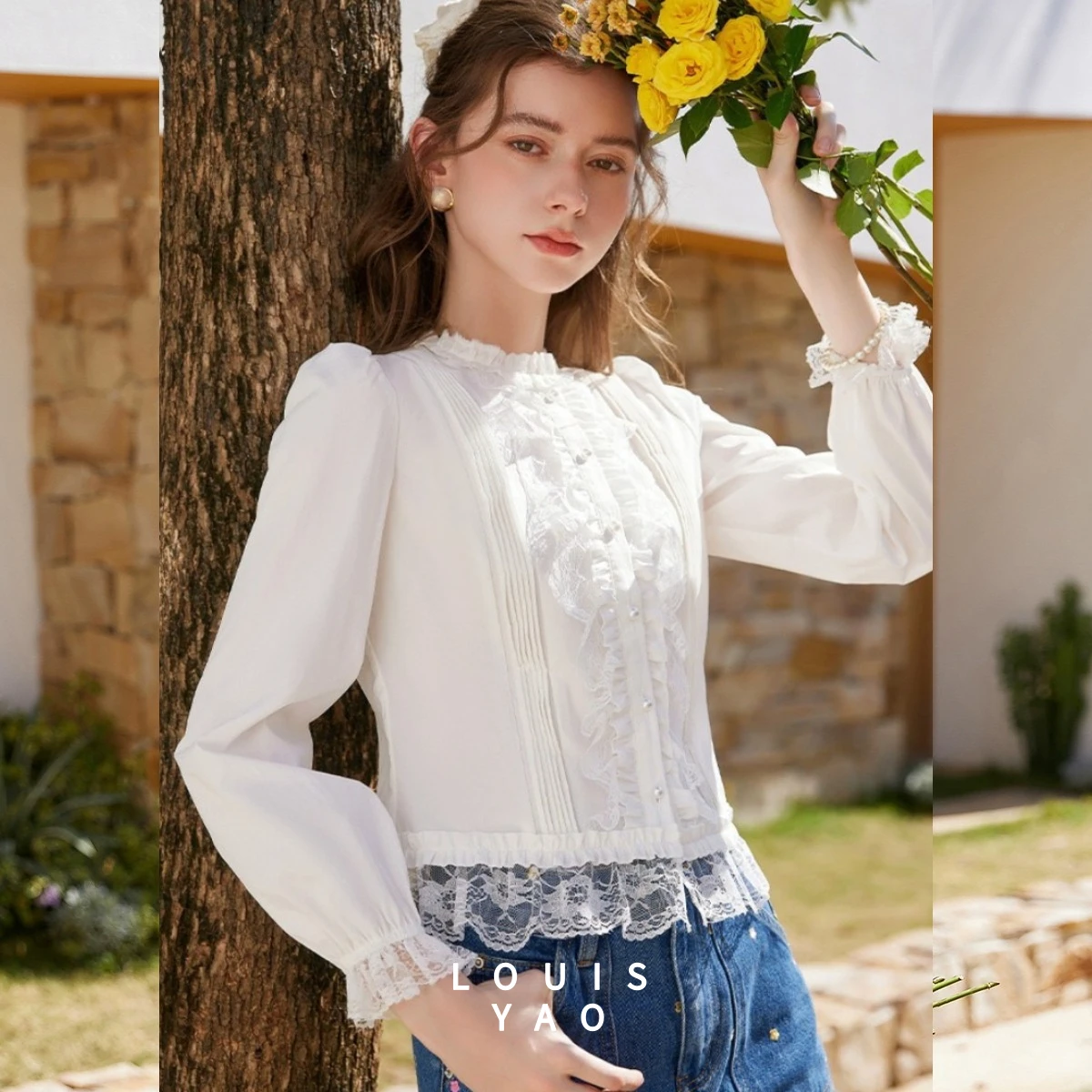 

Женская блузка LOUISYAO 2026: Весенняя, с кружевной отделкой, милым пэчворком, длинным рукавом, круглым вырезом, стандартным кроем плеча, повседневная рубашка-кардиган