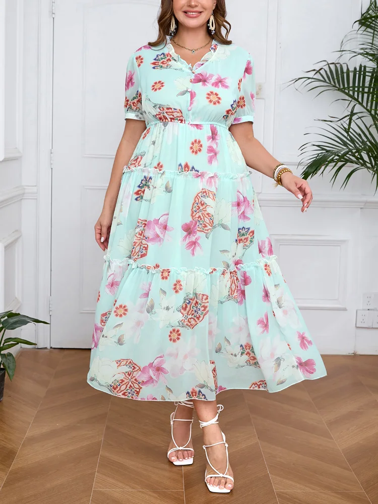 GIBSIE Plus Size Floral Print V-Neck Ruffle Hem Dress Women Summer Short Sleeve Elegant High Waist Chiffon Big Swing Long Dress