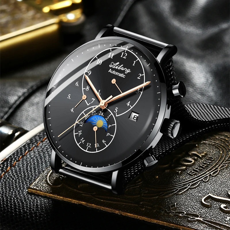 AILANG Brand New Fashion Moon Phase Mechanical Watch for Men Stainless Steel Mesh Strap 50m Waterproof Automatic Watches Mens