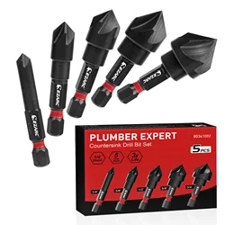 EZARC Countersink Drill Bits for Metal, Countersunk Bit Set 82 Degree 5 Flute, 1/4” 3/8” 1/2” 5/8” 3/4”, 5-Pack