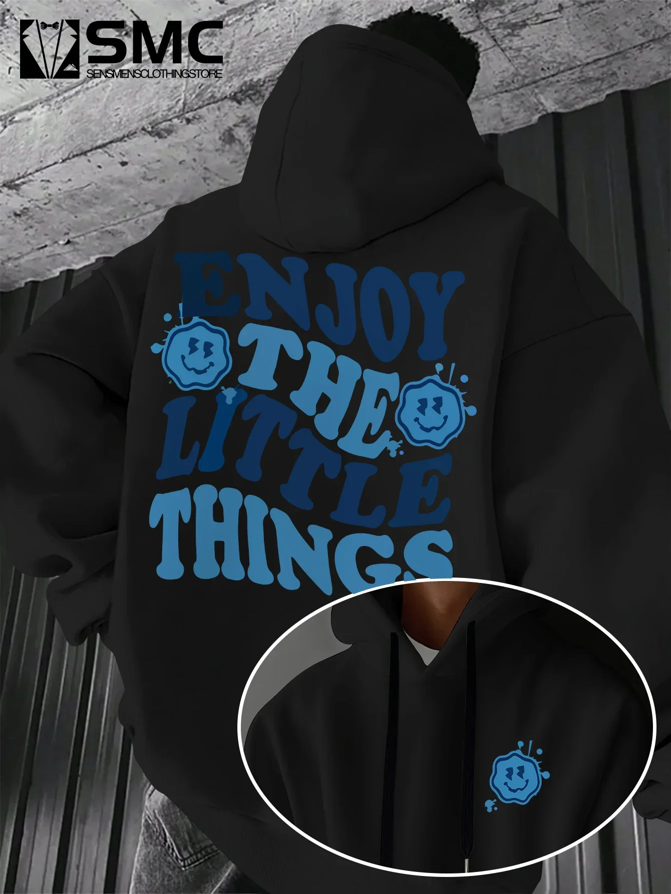 Men Positive Slogan Hoodie Loose Fit Enjoy The Little Things Smile Print Casual Pullover Street Sweatshirt Autumn Winter