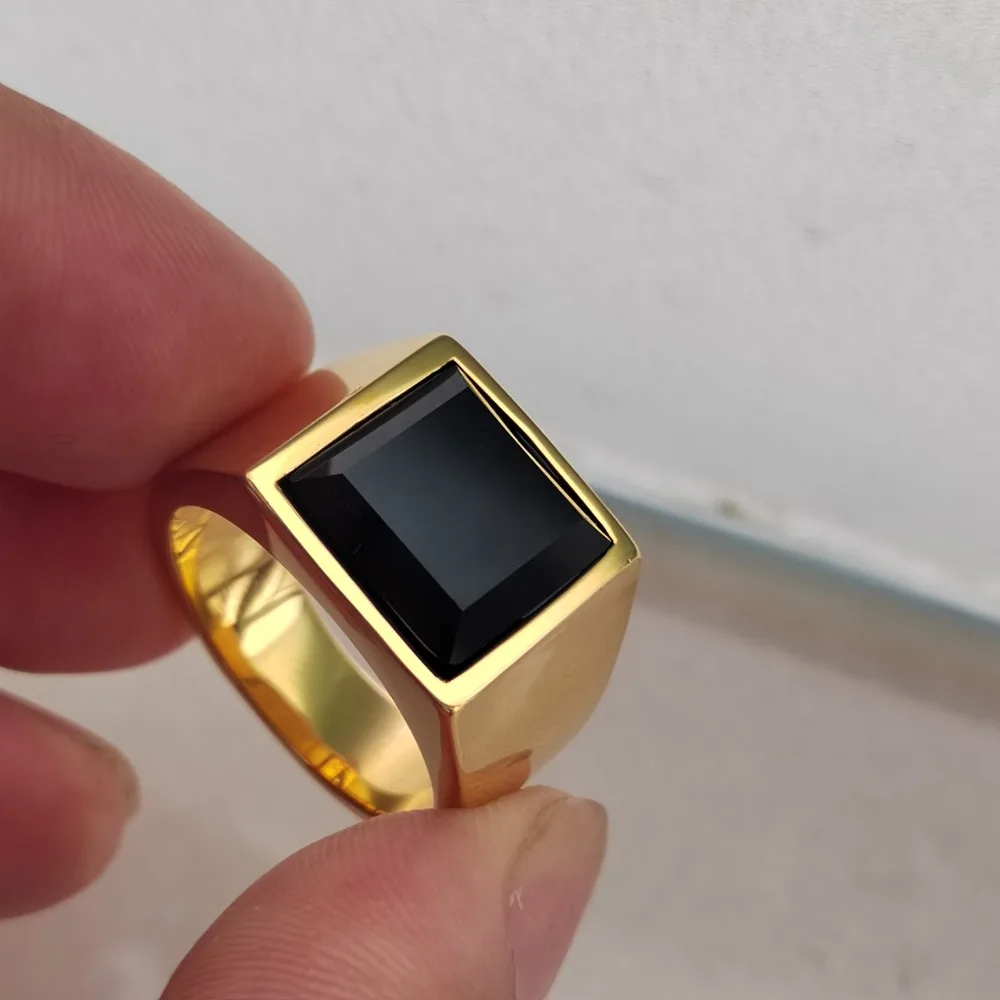 Gold Color Men's Stainless Steel Ring Square Stone Classic Simple Ring for Men Boyfriend Metal Titanium Steel Jewelry Gift