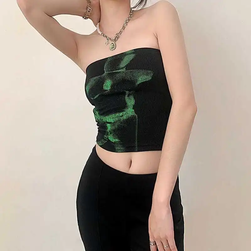 2026 Summer Fashion New Women's Street Design Impression Printed Strapless Tank Top Sexy Short Elastic Tank Top