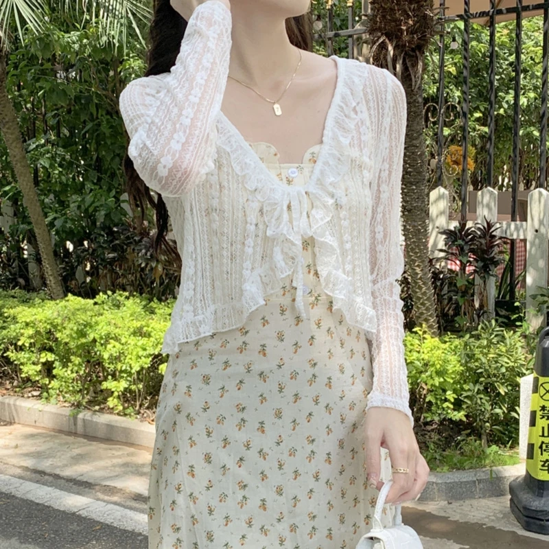 Women Summer Long Sleeve Lace Shrug Tie Knot Front Striped Mesh Cropped Cardigan Ruffle Trim Sheer Beach Cover Up Jacket