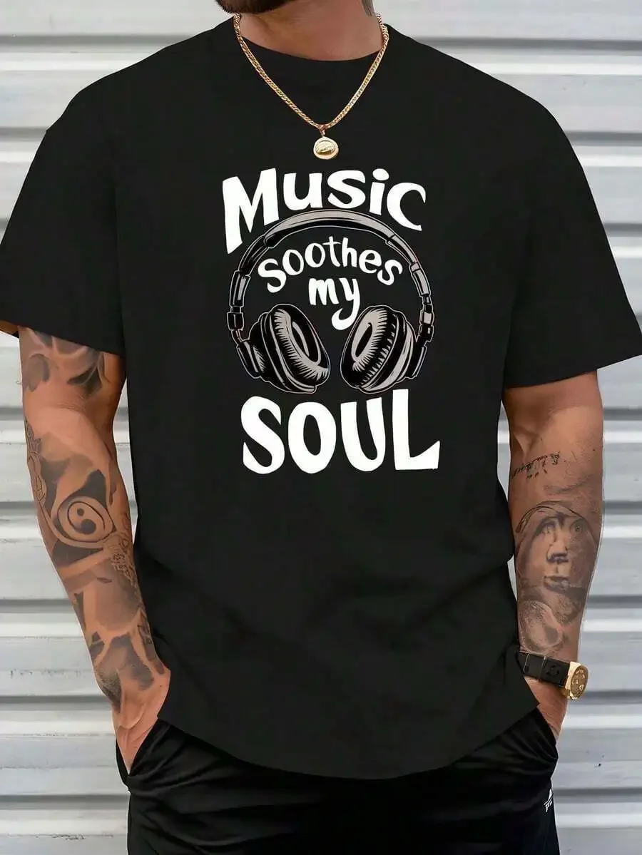 Men'S Music Soothes My Soul Graphic T-Shirt - Black With White Music Note & Headphone Print, Breathable Short Sleeve Crewneck, R