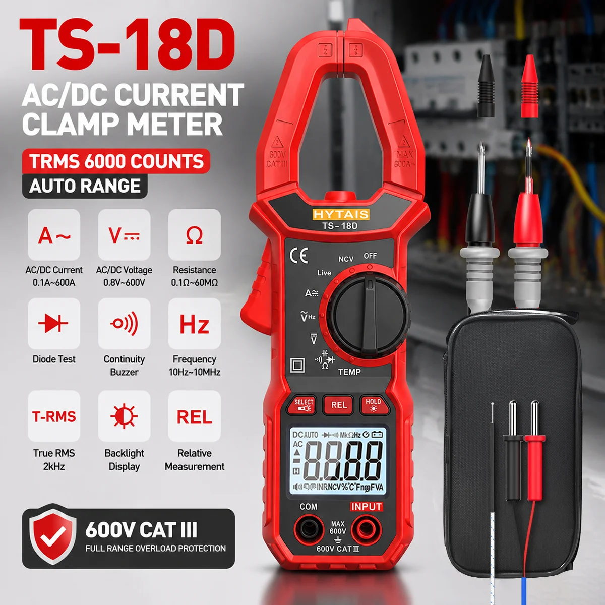 HYTAIS TS18D True RMS 6000 Counts Digital Clamp Meter Multimeter 600A AC DC Current Voltage NCV Capacitance Resistance Temp Tool