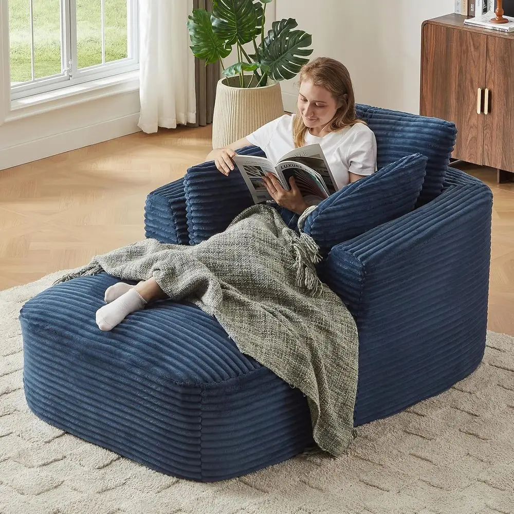 

Blue Oversized Corduroy Chaise Lounge Chair, Sleeper Sofa with Pillows, Living Room Reading Nook, No Assembly, 45.3”W