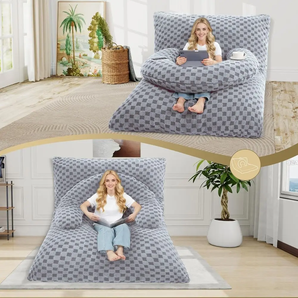 أريكة سرير قابلة للتحويل مع غطاء قابل للغسل ووسادة محمولة على شكل حرف U، كرسي بين باج رمادي فاتح عملاق #3