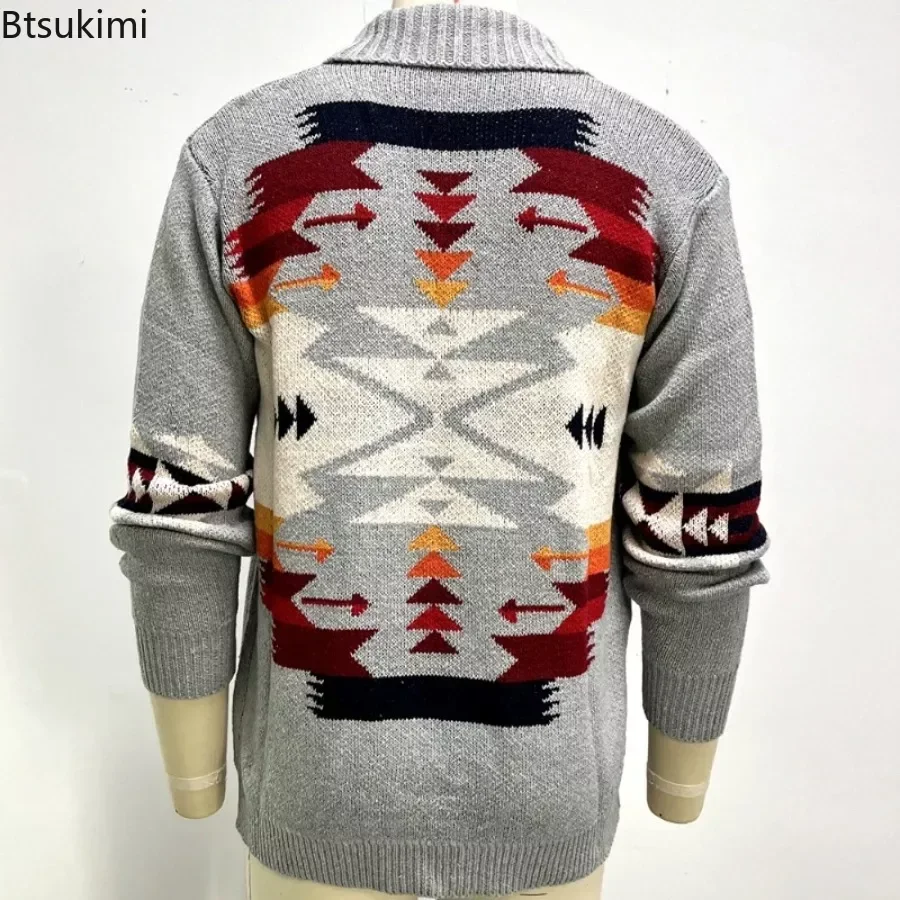 Kardigan rajut pria, mantel Sweater kardigan rajut lengan panjang Lapel Jacquard Vintage musim gugur musim dingin, Sweater hangat tebal pria 2024