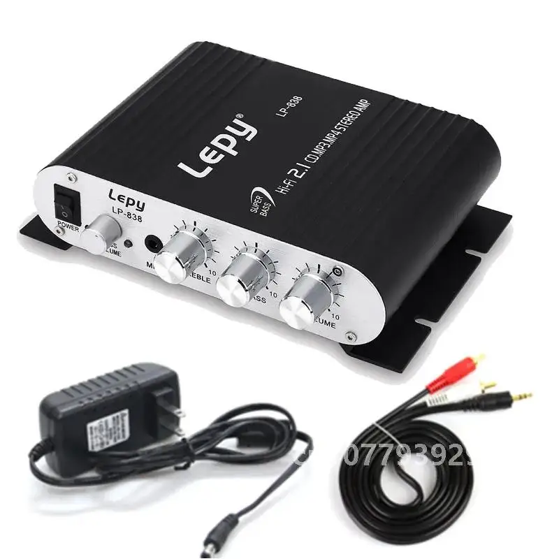 Met 12V3A Power + Audiokabel Lepy LP-838 MINI Digitale Hi-Fi Auto Eindversterker 2.1CH Digitale Subwoofer Stereo BASS Audio speler