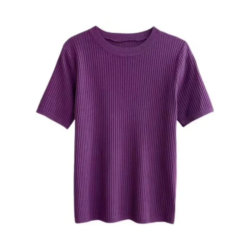 Knitted T Shirts Women Summer 2024 Solid O Neck Short-sleeved Female Tops Loose Casual Ladies Pullover Tees Spring And Autumn