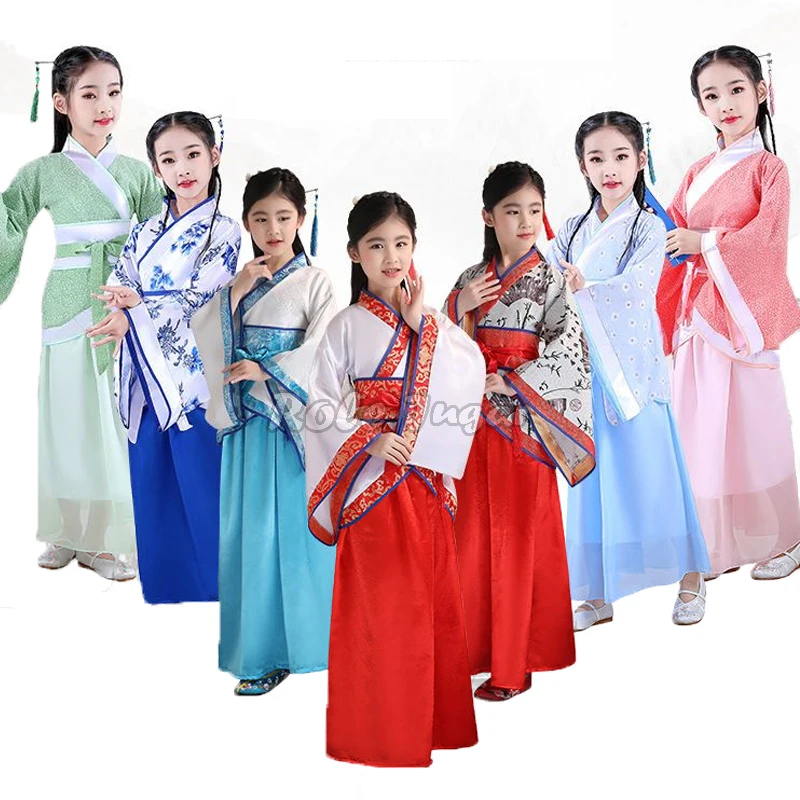 

New Ancient Chinese Hanfu Dress Children Clothing Sweet Long Sleeve Fairy Hanfu Folk Dance Show Outfits For Kids Girls