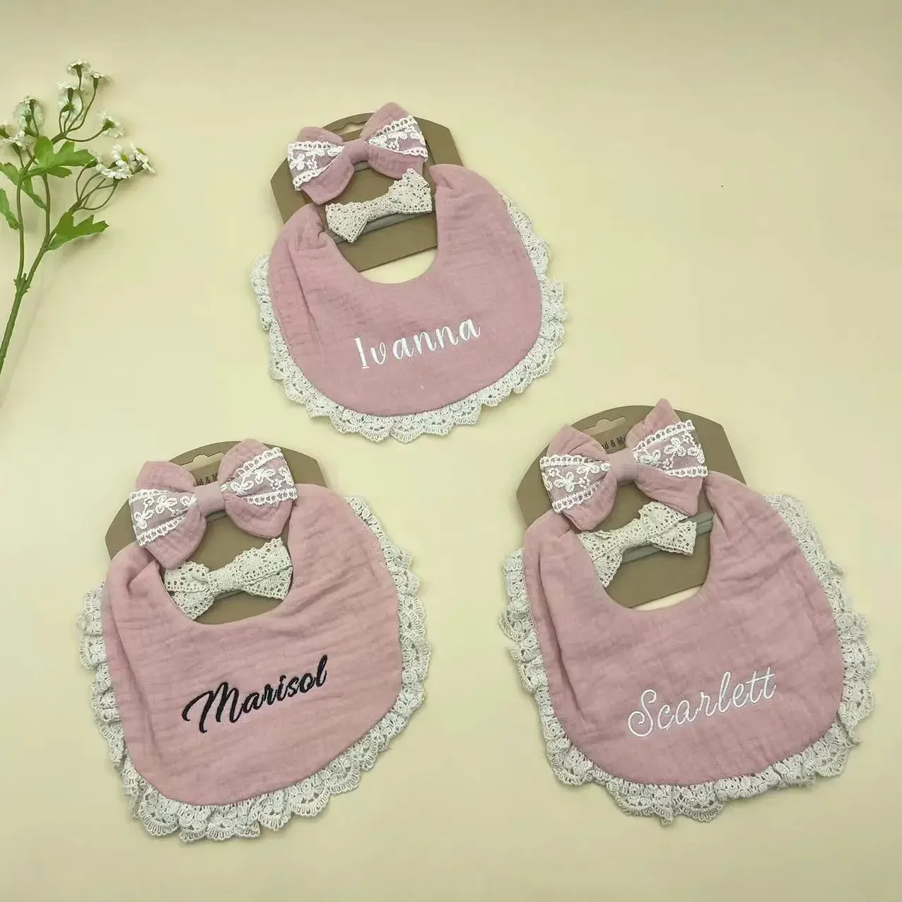 3Pcs/Set Custom Baby Bib Cotton Baby Bibs & Lace Headband Hair Bands Muslin Burp Cloth Girl Accessories Newborn Boy Cloths Gift