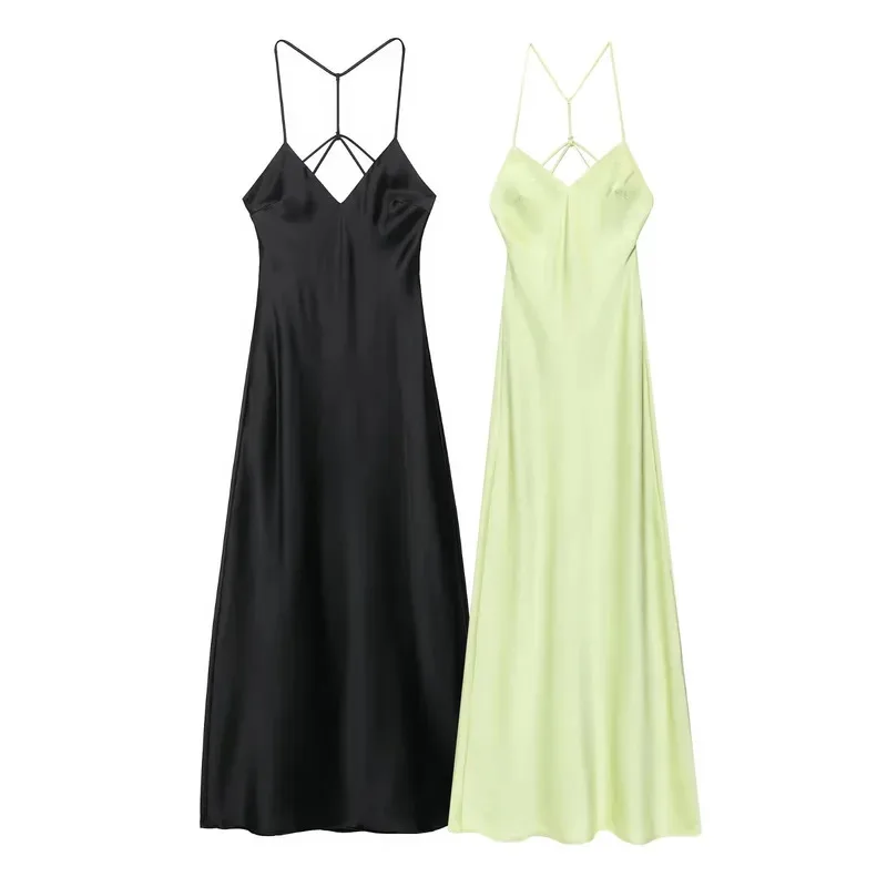 Vestido feminino de verão sem mangas de cetim de seda elegante slim fit sem costas com suspensório vestido longo para festa de férias