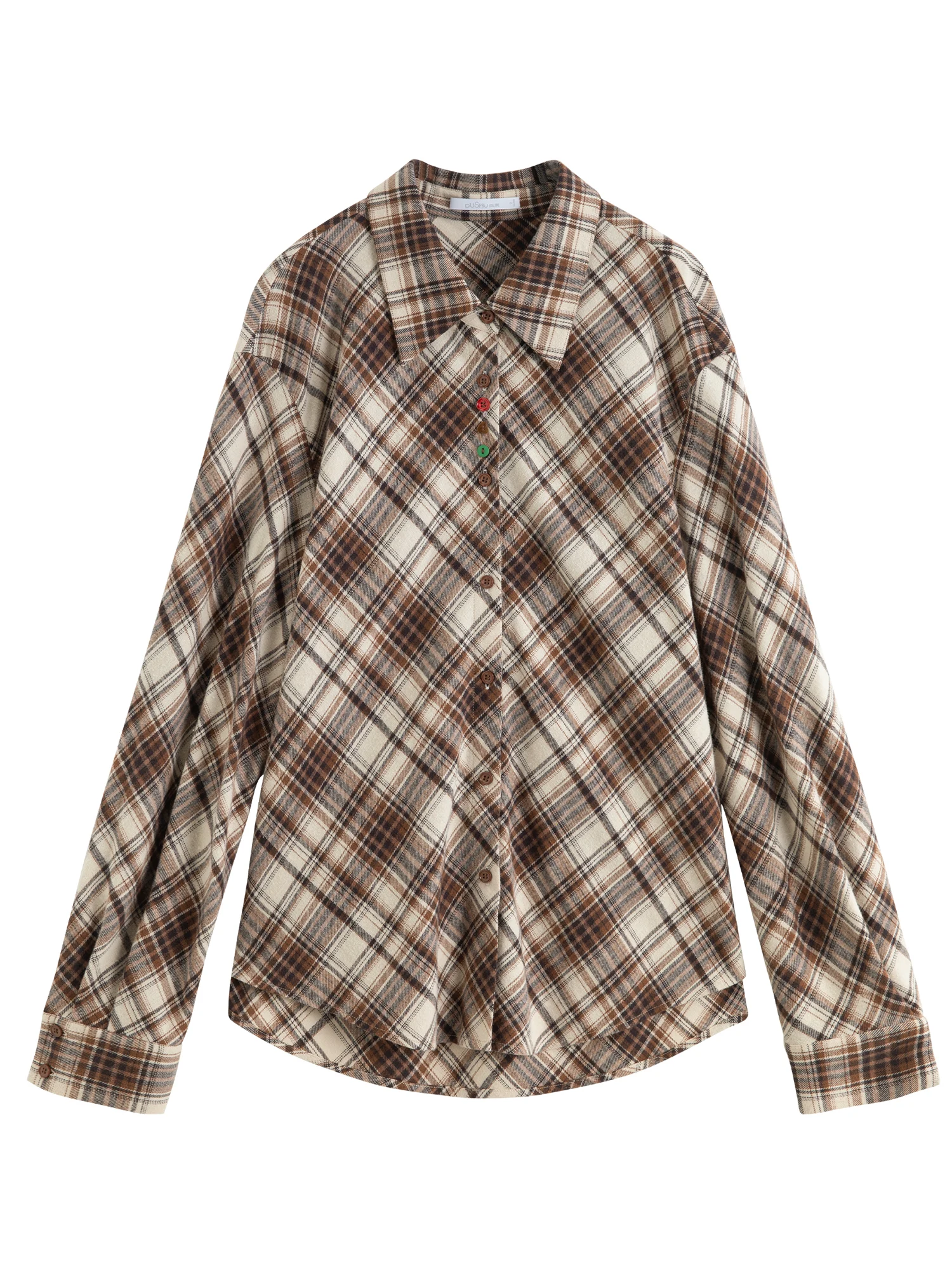 DUSHU プラスサイズ レディース バイアスカット チェック柄シャツ 2025新作 ボヘミアンスタイル 長袖ブラウス リラックスフィット カジュアルトップス