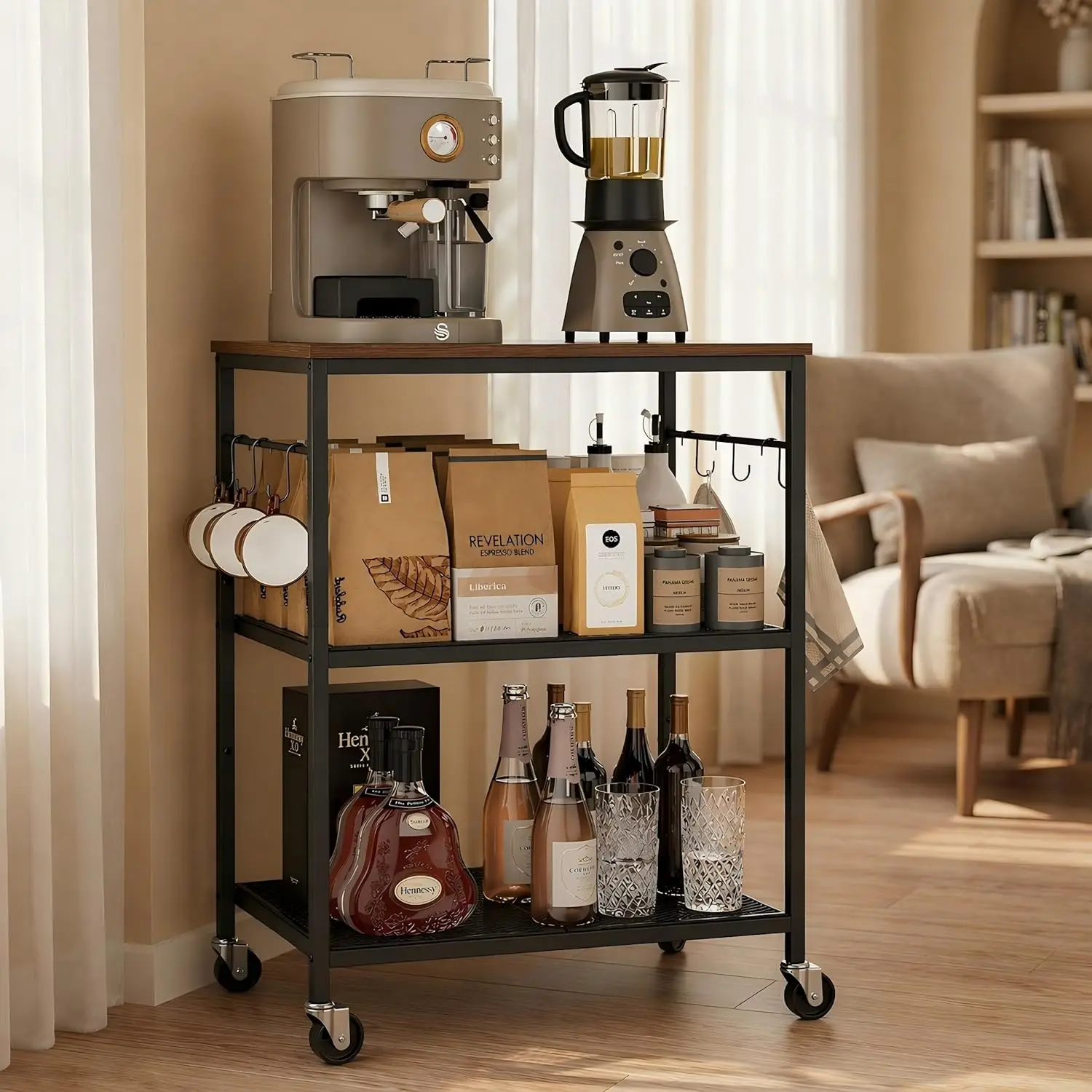 3-Tier Rolling Kitchen Cart with Lockable Wheels, Microwave Stand & Storage Shelf, Rustic Brown Black