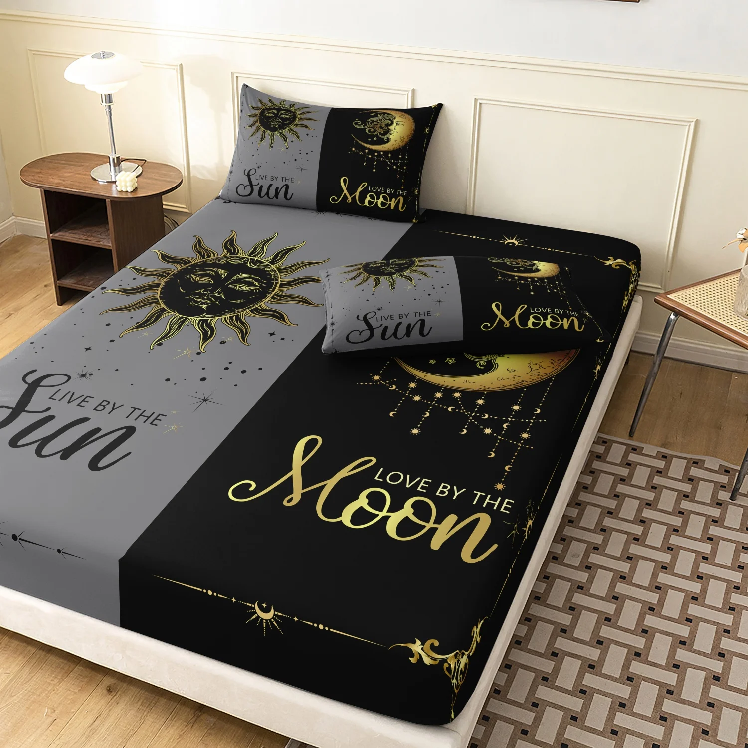 Bohemia Witchy Sun Moon Bedding Print Couple Fitted Sheet Set, 3 Pieces Gray Black Split Sun Moon Golden Star Print Bohemia