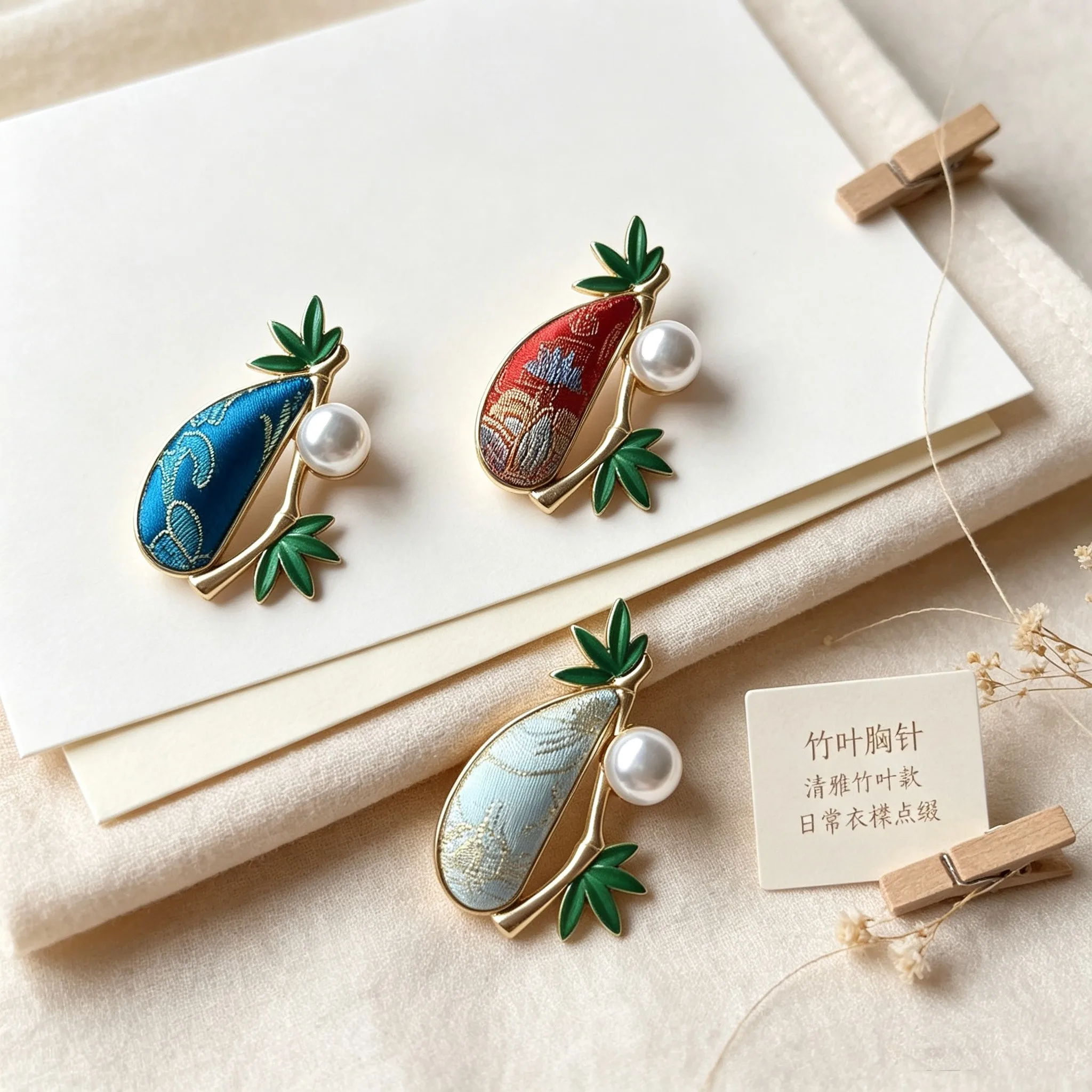 Chinese Style Song Brocade Bamboo Leaf Brooch Faux Pearl Lucky Auspicious Charm Pin For Cheongsam Blazer Elegant Daily Wear Gift