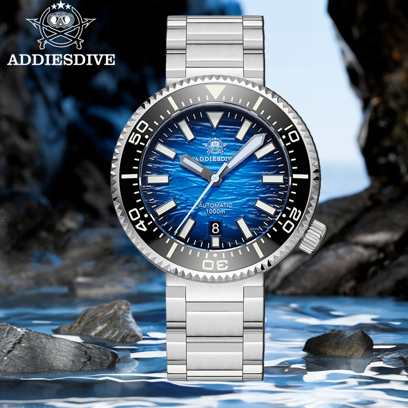 ADDIESDIVE 1000m Diver Watch 46mm Automatic Mechanical NH35 Wave Dial AR Sapphire Ceramic Bezel Luminous Waterproof Watch New