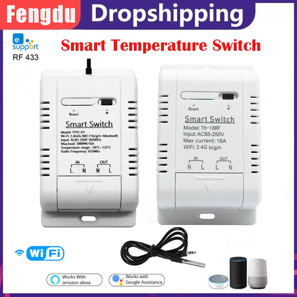 

WiFi Smart Switch Tuya ewelink Temperature Switch TH16 RF433 Intelligent Monitoring Thermostat Compatible with Alexa Google Home