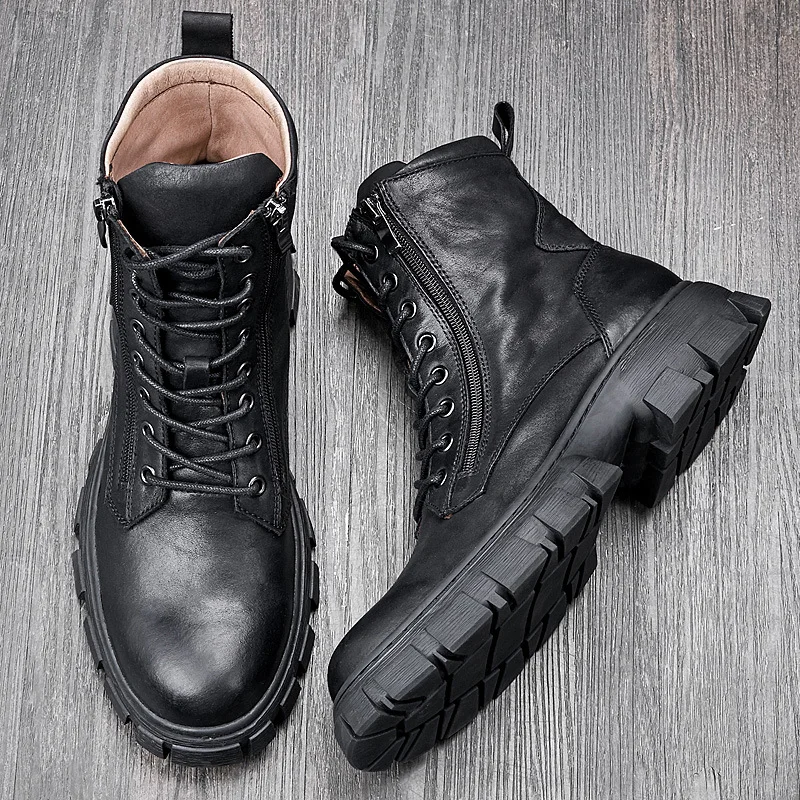 

High top cowhide men's shoes platform, raised leather shoes, fluffy snow boots, motorcycle combat boots