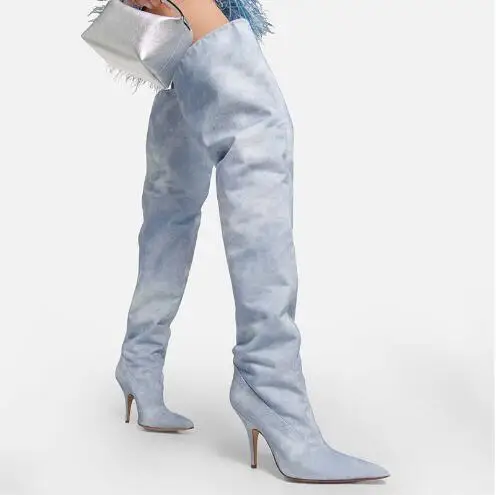 Light Blue Denim Jeans Big Loose Calf Pointed Toe Tube Slip On Thin Heels Over The Knee Thigh Long Elastic Boots Women Size 43