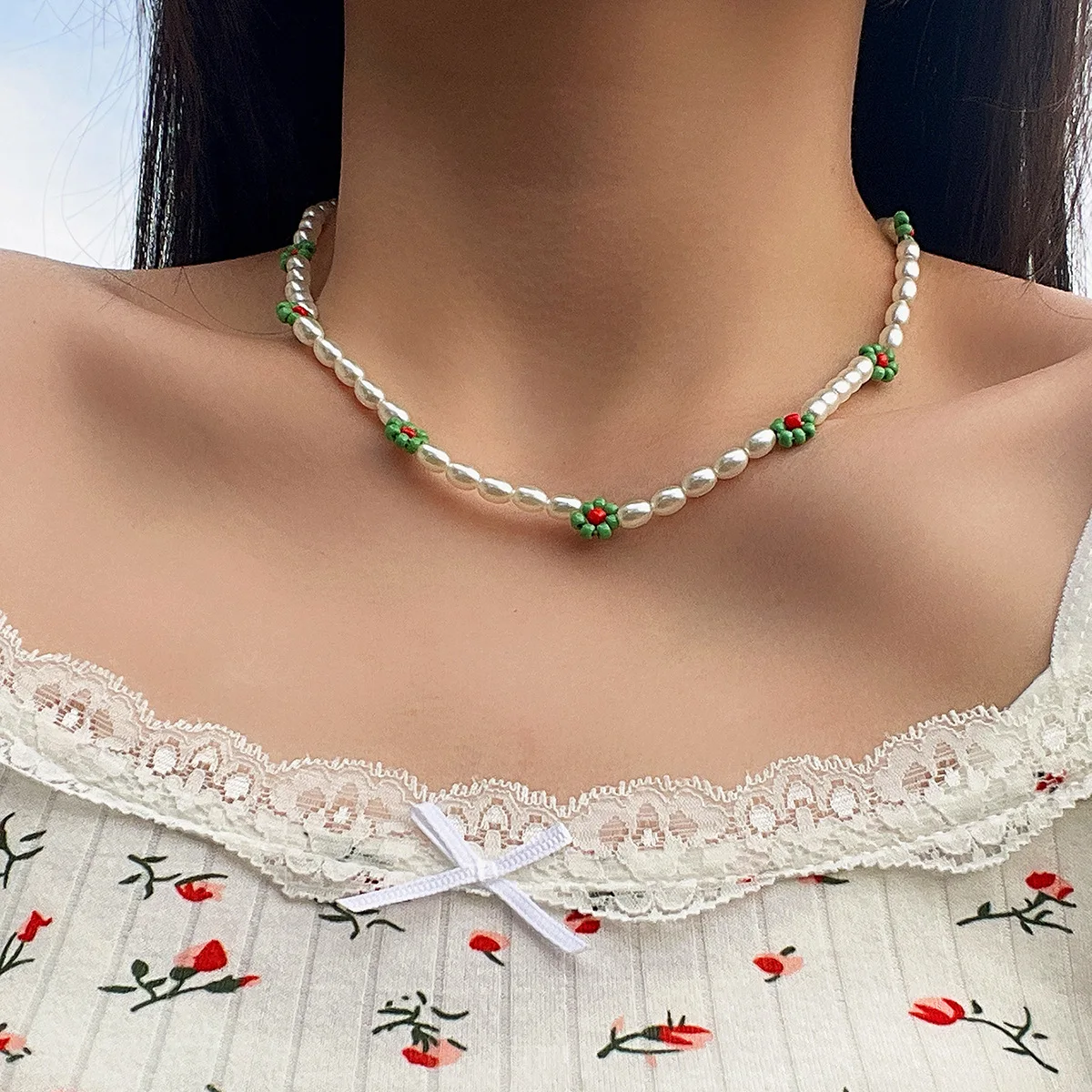 Choker Necklace Woven Daisy Design Colorful Rice Shaped Faux Pearl Beads Bohemian Vacation Resort Jewelry Women   Necklaces