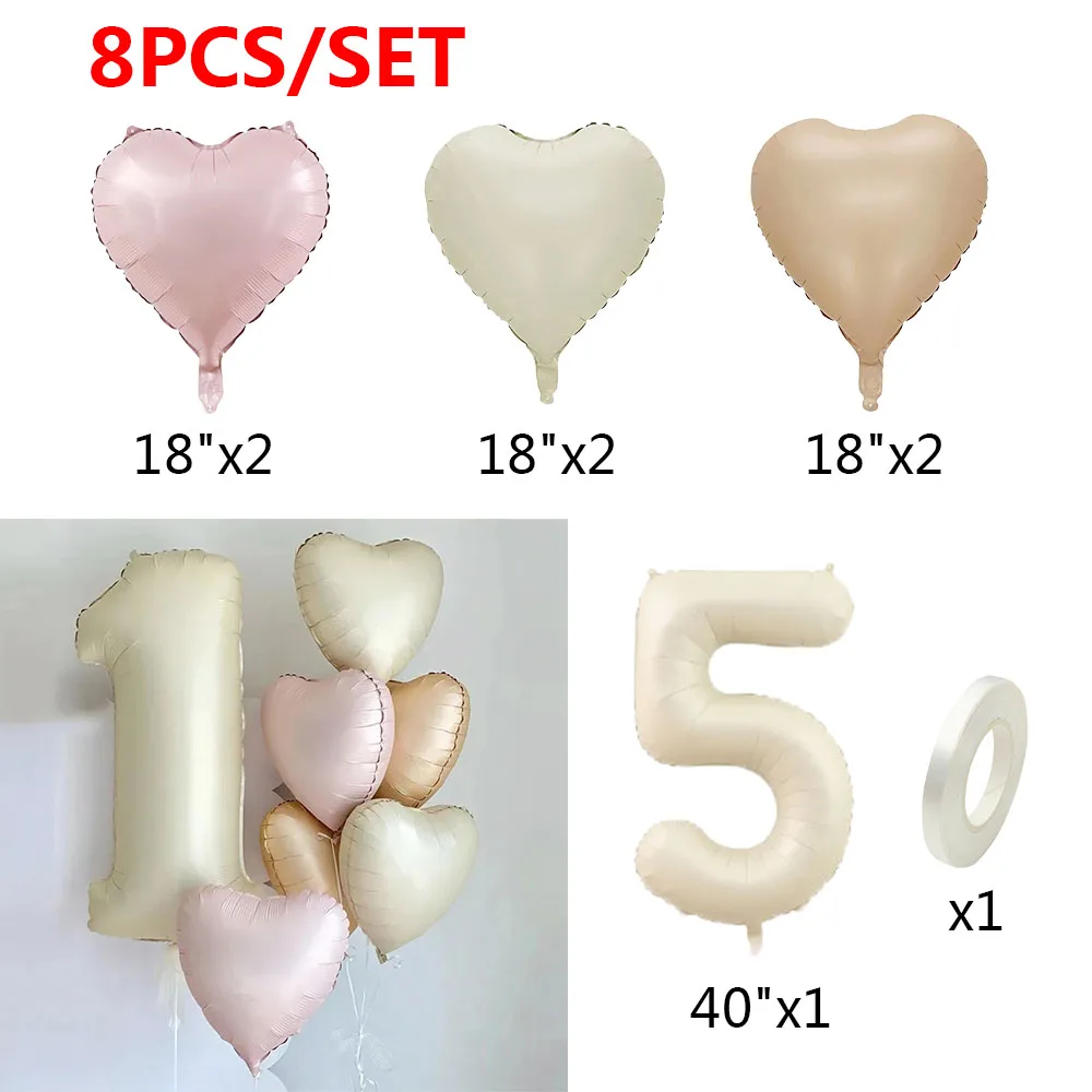 Juego de globos de aluminio con forma de corazón para niños y niñas, 8 piezas, Color crema, número de 40 pulgadas, decoraciones para fiesta de