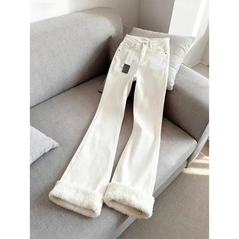 

Джинсы Thiened Fce белые, унисекс, осенне-зимние, в американском стиле, удлиненные, облегающие, расклешенные