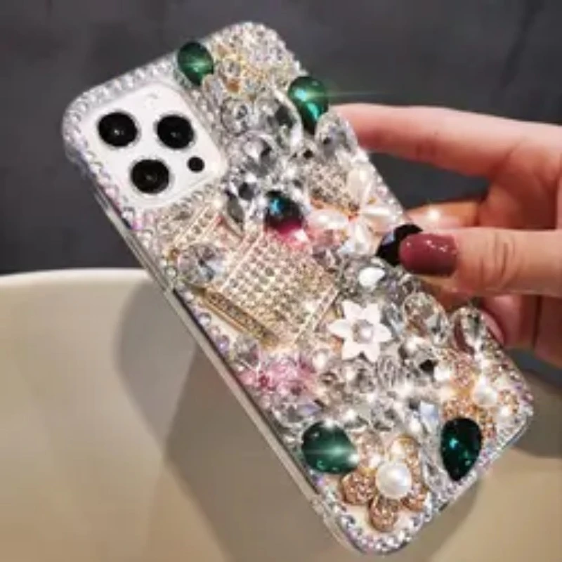 Luxury Bling Crystal Pearl Diamond Flower Phone Case Cover for Samsung S24 Plus, S21 FE, S22, 23 Ultra, Note 20, 10, Deluxe