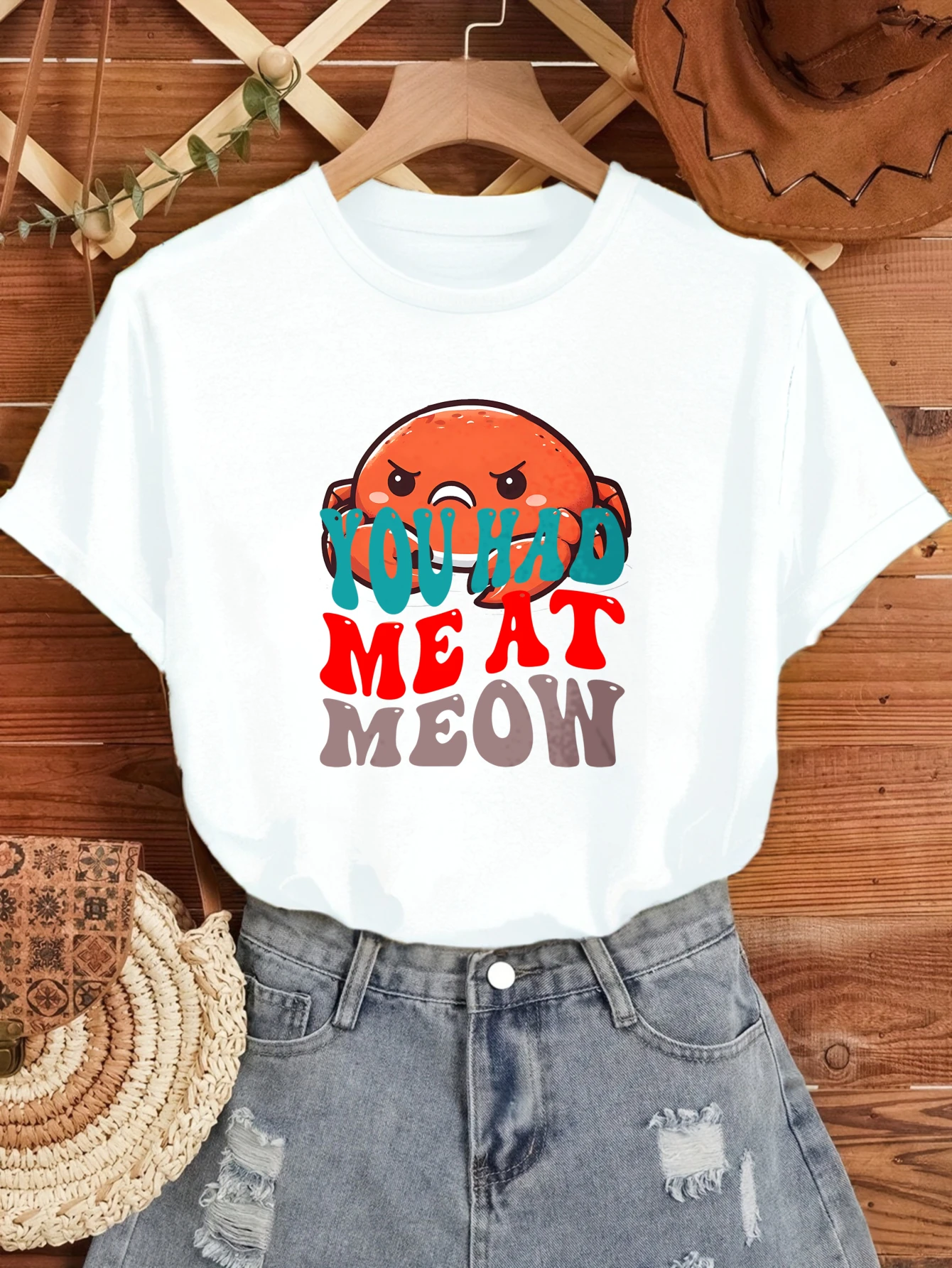 

Women's T-shirts Chinese style Anime Vintage Casual 100% cotton Youould Meat Meow Design printed tee Y2k Crewneck