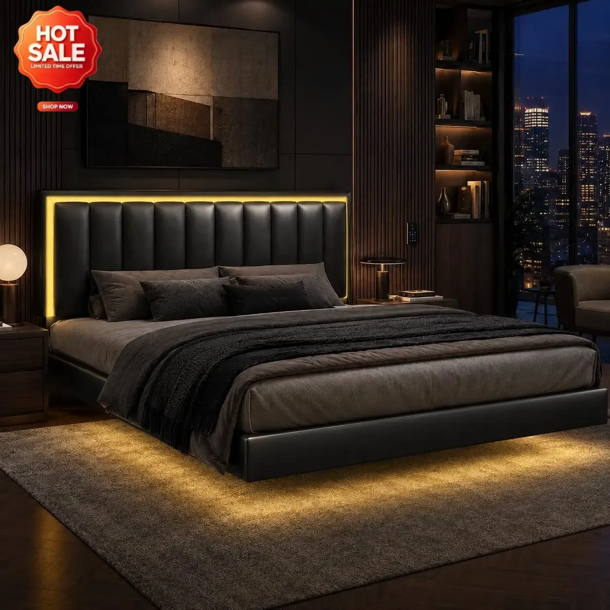 King Size Floating Bed Frame with LED Lights, Upholstered Platform Bed with Headboard, 11 in Storage Clearance, Solid Wood Slats