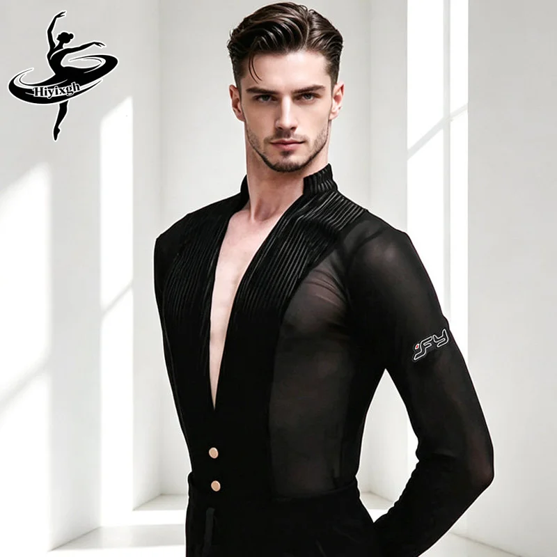 Latin Dance Tops Men'S Modern Practice Wear Art Test Onesie Professional Long Sleeve Ballroom Ango Rumba Dance Practice Suit Top view 2