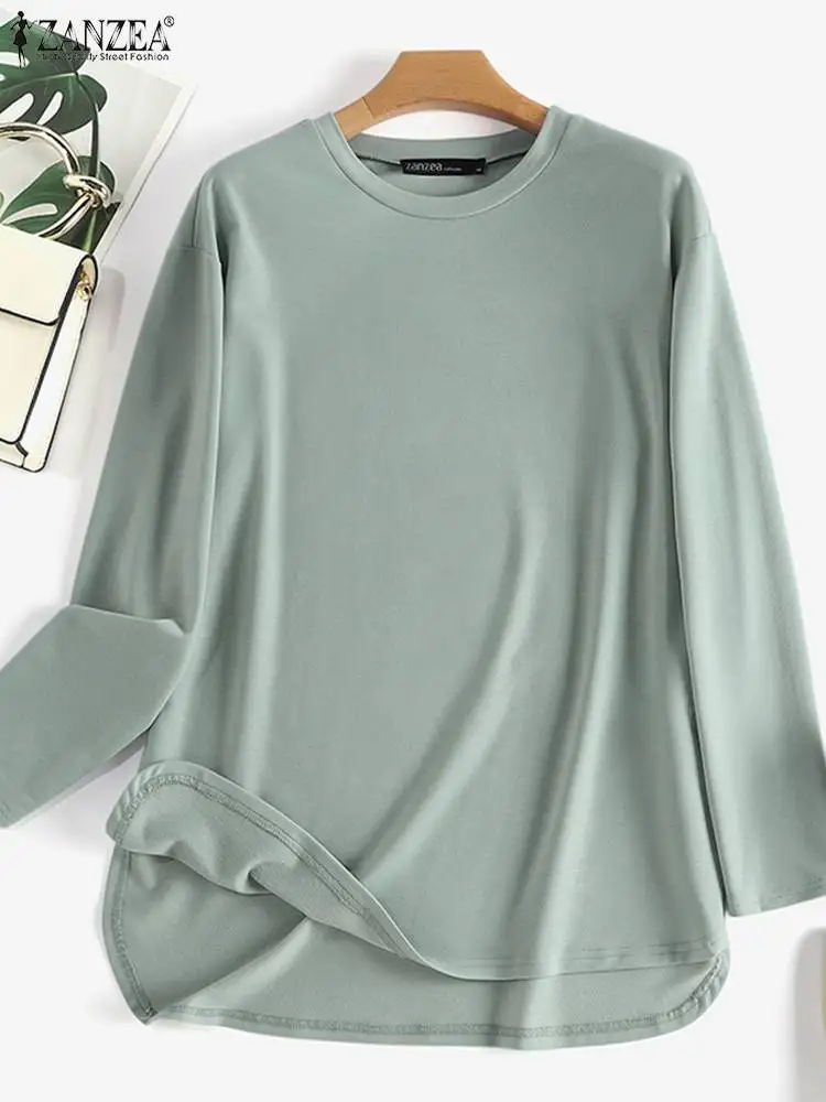 ZANZEA Spring Fashion Split Hem Blouse Long Sleeve O-Neck Shirt Women Elegant Loose Blusas Solid Color Casual Chemise Oversized