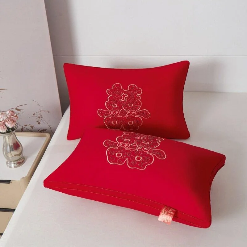 Wedding Embroidered Pillow Core Pillow Pair of Red Celebration Wedding Bedding Cushion Office Support Hard 3D Cut Fiber Fille...