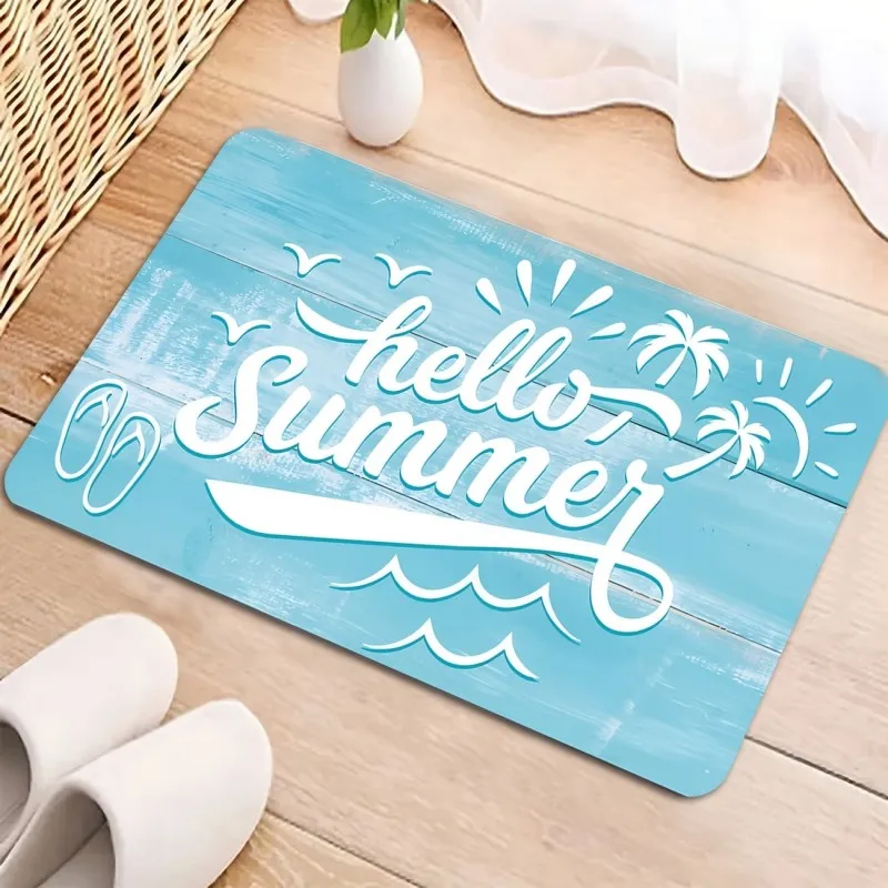 Hello Summer Beach Doormat Blue Wood Background Palm Tree and Surfboard Design Non-Slip Floor Mat